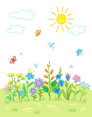 Fototapeta na wymiar Children's drawing. Beautiful flowers in the meadow. Summer landscape with field, grass, sun and clouds. In cartoon style. Isolated on white background. Vector flat illustration
