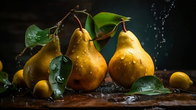 Pears with water drops and leaves, Fresh, Juciy, Summer, Healthy, Farming, Harvesting, Environment, Perfessional and  award-winning photograph, Close-up - Generative AI