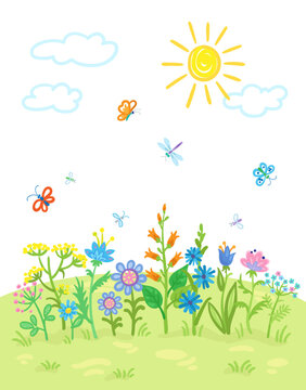 Children's drawing. Beautiful flowers in the meadow. Summer landscape with field, grass, sun and clouds. In cartoon style. Isolated on white background. Vector flat illustration