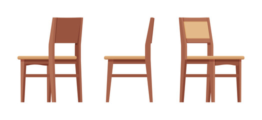 Dining side chairs, natural wood brown set. Kitchen space bistro room, classic design. Vector flat style cartoon home, office furniture articles isolated on white background front, side, rear view