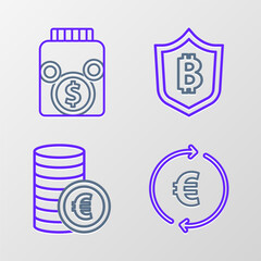 Set line Coin money with euro symbol, Shield bitcoin and Glass jar icon. Vector