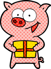 cheerful pig with christmas gift