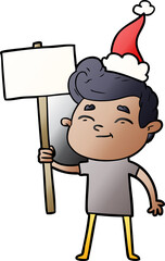 happy hand drawn gradient cartoon of a man with sign wearing santa hat