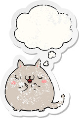 cartoon cute cat with thought bubble as a distressed worn sticker