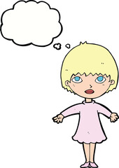 cartoon woman in dress with thought bubble