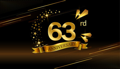 63rd anniversary logo with golden ring, confetti and Gold ribbon isolated on elegant black background, sparkle, vector design for greeting card and invitation card