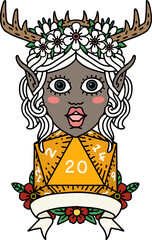 Retro Tattoo Style elf druid character with natural 20 dice roll