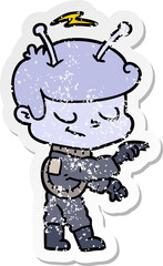 distressed sticker of a friendly cartoon spaceman pointing