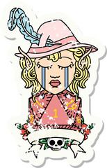 Retro Tattoo Style crying elf bard character with natural one D20 roll