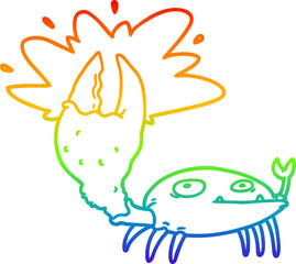 rainbow gradient line drawing of a cartoon crab with big claw
