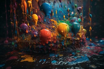 An abstract backdrop of wet, brightly colored paint splatters. Generative AI