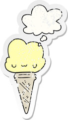 cartoon ice cream with face with thought bubble as a distressed worn sticker