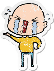 distressed sticker of a cartoon crying bald man