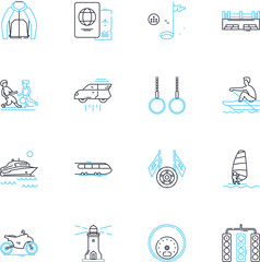 Radical outings linear icons set. Adventure, Rebellious, Explore, Maverick, Thrilling, Risk, Outrageous line vector and concept signs. Unconventional,Fearless,Wild outline illustrations