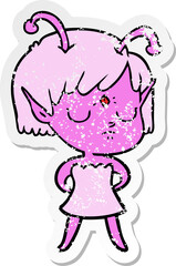 distressed sticker of a cartoon alien girl