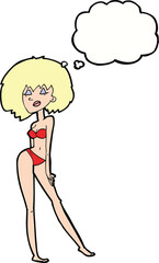 cartoon woman in bikini with thought bubble