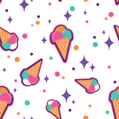 Sparkling seamless pattern with ice cream, confetti and sparkles in pink, mint and purple colors