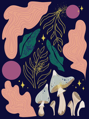 Vector dark poster with mushrooms and forest leaves with fairy dust and stars