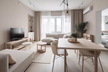 Fototapeta premium interior background house beige indoor stylish couch estate elegant style sofa. Generative AI.