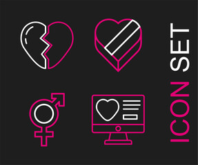 Set line Dating app online, Gender, Candy heart shaped box and Broken icon. Vector