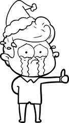 hand drawn line drawing of a crying man wearing santa hat
