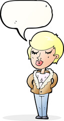 cartoon cool relaxed woman with speech bubble