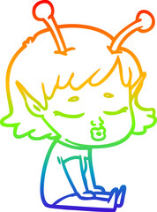rainbow gradient line drawing of a cute alien girl cartoon