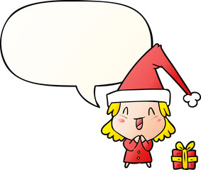 cartoon girl wearing christmas hat with speech bubble in smooth gradient style