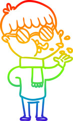rainbow gradient line drawing of a cartoon boy wearing spectacles