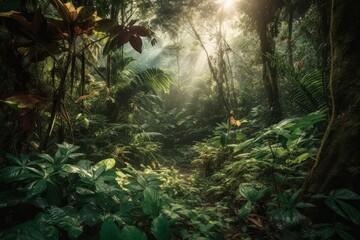 Obraz premium Lush tropical rainforest, with massive leaves, twisting vines and exotic flowers abloom while sunlight filters through the canopy. Generative AI