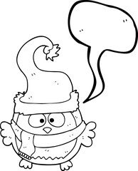 freehand drawn speech bubble cartoon owl wearing christmas hat