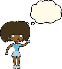 cartoon woman waving with thought bubble
