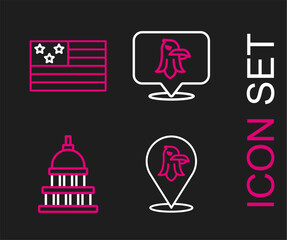 Set line Eagle, White House, and American flag icon. Vector
