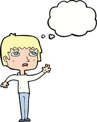 cartoon unhappy boy waving with thought bubble