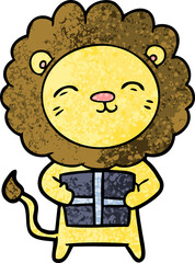 cartoon lion with christmas present