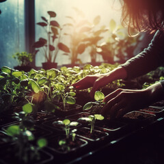 Human hands planting sprouts fresh plant seedlings or flowers in a home greenhouse, AI generative image of gardening and agriculture