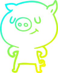 cold gradient line drawing of a happy cartoon pig