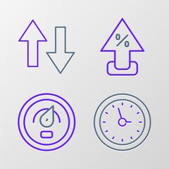 Set line Clock, Digital speed meter, Percent up arrow and Arrow icon. Vector