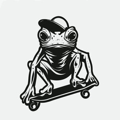 skateboarding frog, monochromatic, logo, vector art