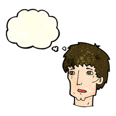 cartoon worried man with thought bubble