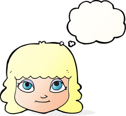cartoon happy female face with thought bubble