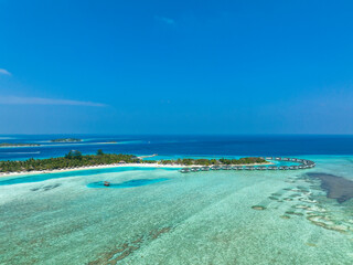 aerial view, Asia, Maldives, North Male Atoll, Kanuhuraa, Cinnamon Dhonveli Maldives, with beaches and water bungalows