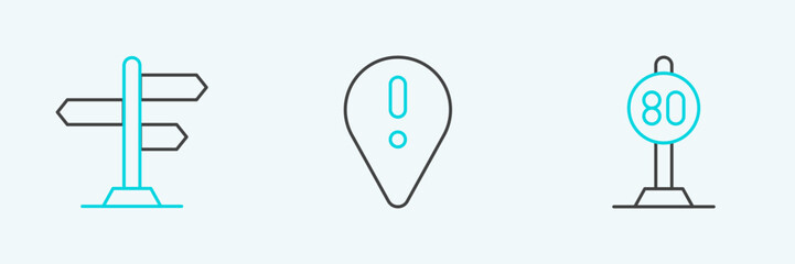 Set line Speed limit traffic, Road sign and Location with exclamation mark icon. Vector