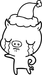 hand drawn line drawing of a pig crying wearing santa hat