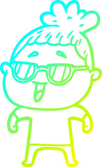 cold gradient line drawing of a cartoon happy woman wearing spectacles