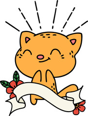 scroll banner with tattoo style happy cat