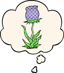 cartoon wild flower with thought bubble in comic book style