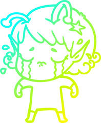 cold gradient line drawing of a cartoon crying alien girl