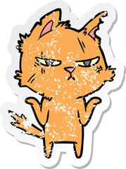 distressed sticker of a tough cartoon cat