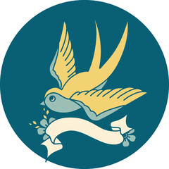 tattoo style icon with banner of a swallow